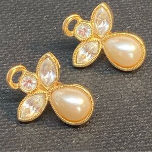 Gold Tone Rhinestone & Faux Pearl Angel Post Earrings